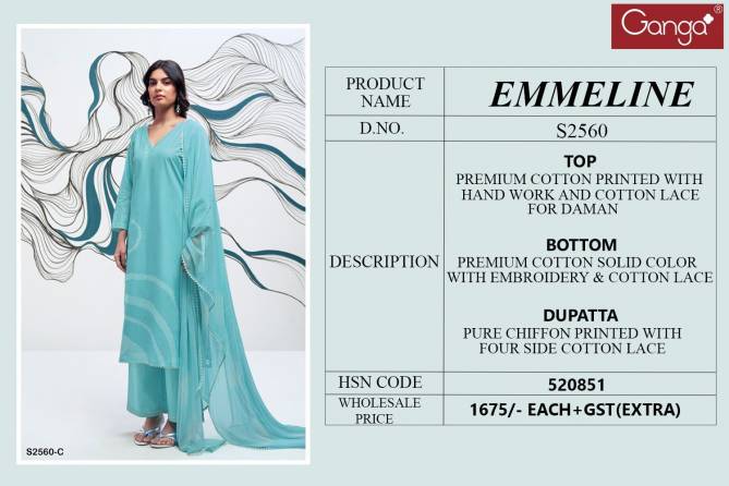 Emmeline 2560 By Ganga Designer Work Premium Cotton Dress Material Wholesale Online